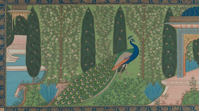 Illustration of a mughal garden with peacocks, parrots, plants, and trees, featuring a botanical landscape pattern. Mughal Garden. Illustration