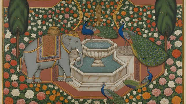 Wedding invitation illustration featuring a Mughal garden lake with lotsus, peacocks, trees, and birds
