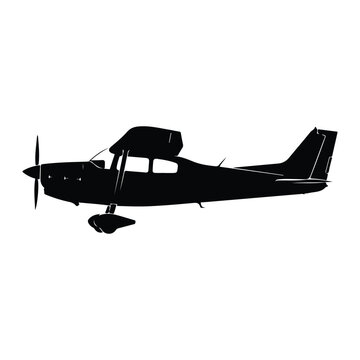 Black silhouette of a small airplane with propeller, side view