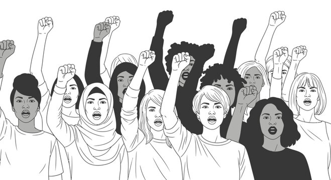 Diverse Group of Women Protesting and Raising Fists for Social Justice Equality