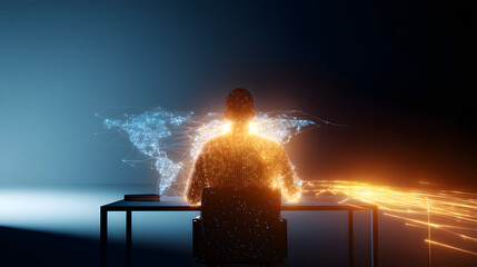 Fototapeta premium Silhouette of businessman at desk with glowing digital world map, global business and technology theme 