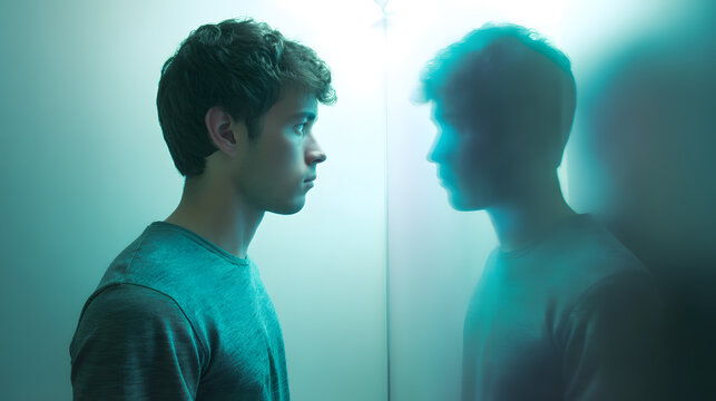 Person facing their own fading reflection in teal light, self-doubt illustration
