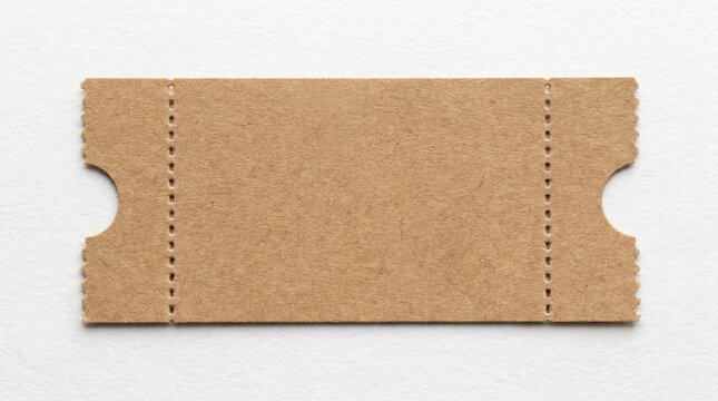 Blank brown paper ticket with perforated edges and rounded cutouts, placed on white textured surface, minimalist admission or event template design.
