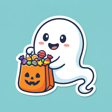 modern futuristic minimal AI 2026 ghost icon trick or treat bag of candy happy halloween celebration graphic sticker