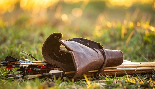 Torn Leather Quiver with Arrows on Grass