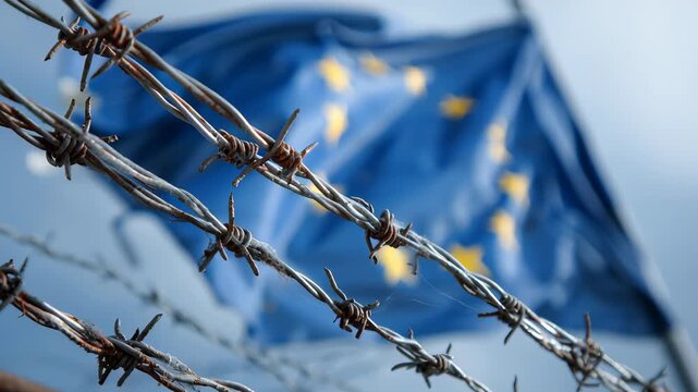 Barbed wire fence with the European Union flag in the background on a cloudy day