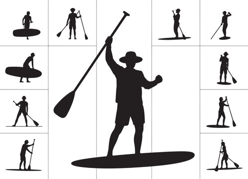 Silhouette of paddle boarder in various poses on stand up paddleboard