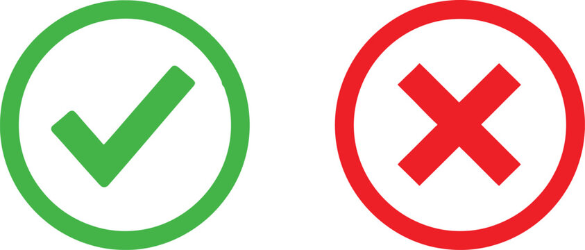 Green check mark and red cross sign icons for correct and incorrect choice selection Vector