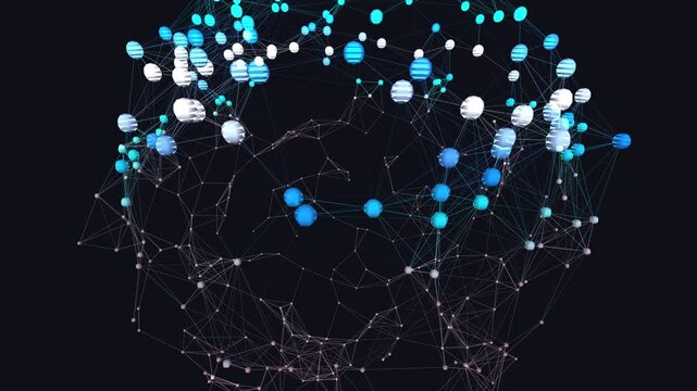 Abstract 3D spherical cloud network visualization featuring classic plexus structures in a neon cyan and pink spectrum. Cinematic medium framing and continuous X spin perspective with a seamless loop 