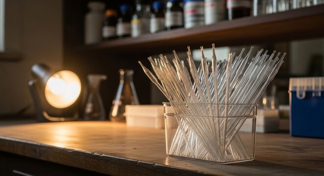 Neatly Arranged Pasteur Pipettes in a Laboratory Setting