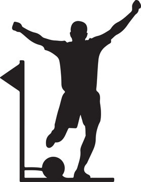 Soccer player celebrating goal with arms raised near flag and crossbar silhouette vector icon