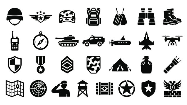 Military icons set with 28 black vector symbols, army equipment and warfare silhouettes, soldier gear and defense weapon collection for tactical design