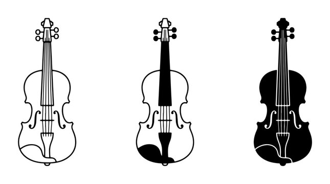 Set of 3 vector violin illustrations in outline, bicolor, and silhouette styles for music and art concepts