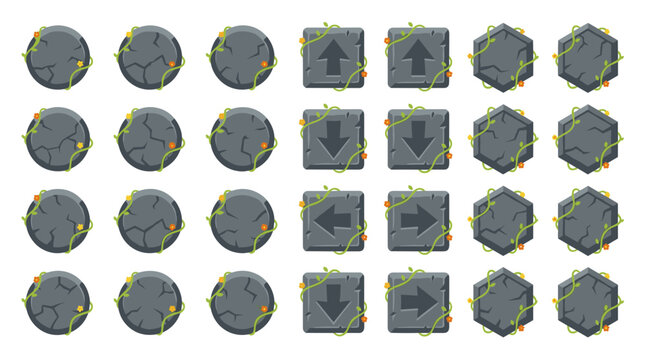Stone Game User Interface Vector Set Featuring Rock Buttons, Arrow Controls, and Fantasy Tile Elements for Mobile and RPG Game Design