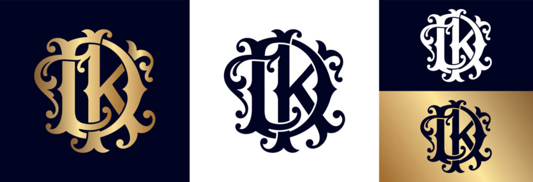 Monogram dk golden logo, elegant ornate emblem, vintage lettermark with floral style.