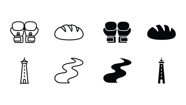 Contrasting icon pairs of boxing gloves, loaves of bread, tower, and winding road
