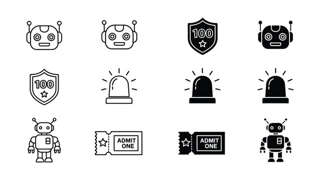Collection of whimsical robot and security-themed icons in black and white