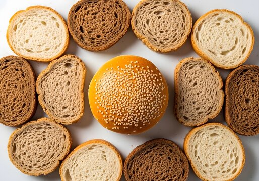 A delightful assortment of artisan bread slices, showcasing diverse textures and grains, artfully arranged in a circular pattern surrounding a golden sesame seed bun, evoking a sense of culinary