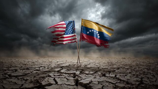 Flags of the United States and Venezuela stand tall in a cracked landscape under dark clouds