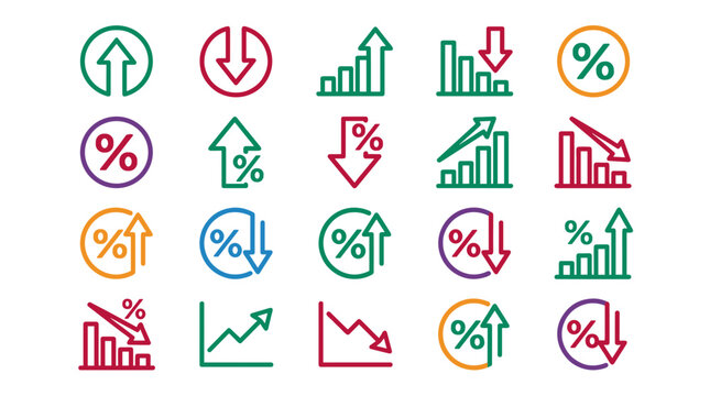 Business Growth and Financial Analytics Vector Icon Set Featuring Percentage Symbols, Upward Trends, Downward Charts, and Market Performance Indicators