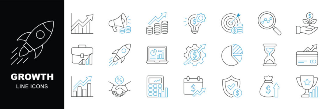 Graphs and Graphs set of web icons. Editable stroke. Charts and diagram icons for web and mobile app. Business infographic, charts, statistics, growth, growing bar graph and more. 