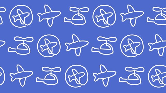 Seamless pattern with aviation line icons on a blue background animation. Minimalist transport line art wallpaper with airplane and helicopter for an abstract horizontal backdrop design.