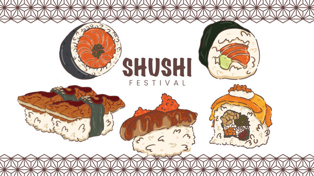 Hand-drawn illustration of an assorted sushi set for "SHUSHI FESTIVAL" featuring salmon rolls, unagi nigiri, and foie gras sushi on a decorative background.