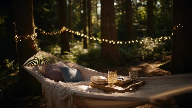 Cozy outdoor forest hammock setup with string lights for relaxing evenings