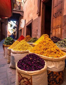 Vibrant Spice Market Street Scene Morocco.