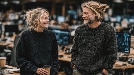 Fototapeta premium Office colleagues chatting with coffee cups in a modern open-plan workplace, relaxed business casual style and friendly corporate lifestyle atmosphere
