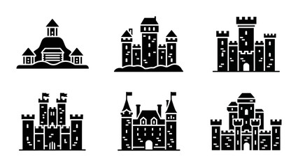 6 Castle silhouette icons towers flags gates, solid black style, medieval architecture travel set © Vectinplus