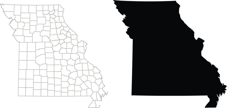 Missouri state map outline with county borders and solid silhouette shape Vector