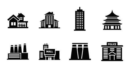 Obraz premium 8 Building silhouette icons house factory mall police station, solid black style, city architecture