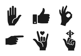 Obraz premium 6 Hand Gestures silhouette icons thumbs up okay pointing stop solid black style communication set