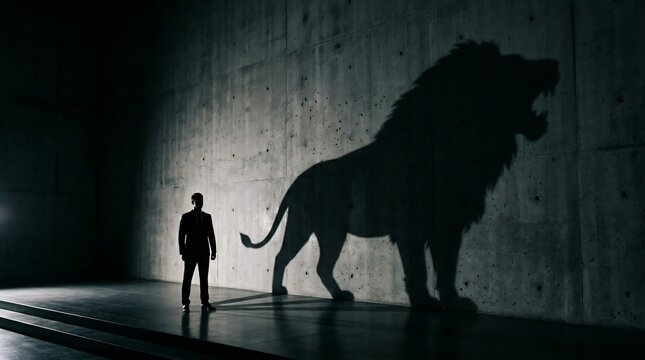 Businessman stands facing a large shadow of a roaring lion cast upon a textured concrete wall to represent personal bravery and the hidden wild nature of an ambitious professional worker indoors.