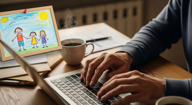 Father working on laptop with childs drawing on screen in warm natural lighting for family and parenting