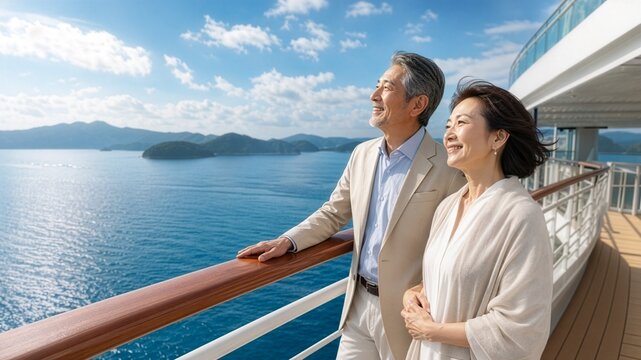 豪華客船のデッキで海を眺めるシニア夫婦のクルーズ旅行　アクティブシニア