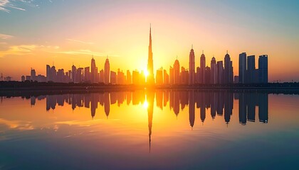 Fototapeta premium A serene city skyline at sunset with a calm body of water (1)