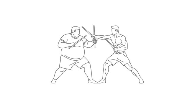 Two Men Practicing Stick Fighting in a Martial Arts Demonstration.