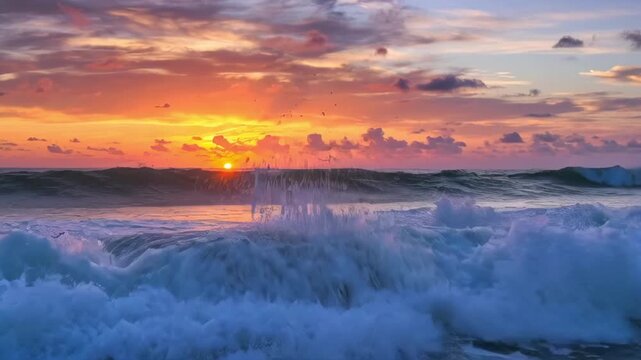 Slow motion panning shot of ocean waves crashing on rocky shore at sunrise with colorful sky and splashing surf