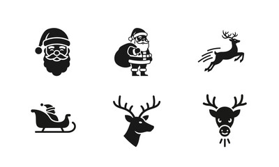 6 Christmas silhouette icons Santa Claus reindeer sleigh, solid black style, holiday celebration set © Taskin