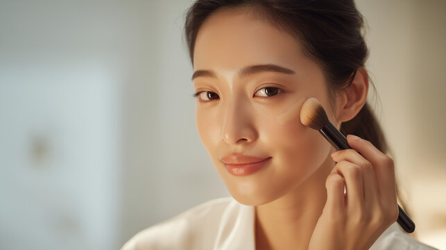 Woman applying liquid foundation to cheek with professional makeup brush. Beautiful asian lady doing morning facial routine. Skin care concept and cosmetic glow for beauty tutorial.