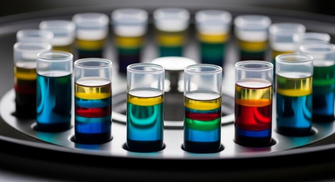 Laboratory Microcentrifuge Tubes Filled With Colorful Liquid Layers