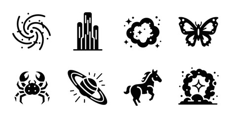 8 Astronomy Nature silhouette icons galaxy planet butterfly horse crab, solid black style, science education © Taskin