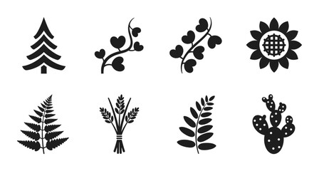 8 Nature Plant silhouette icons sunflower cactus fern wheat, solid black style, environment botany set © Taskin