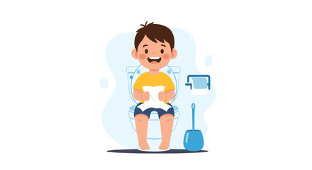 Fototapeta premium Happy young boy sitting on a toilet while holding toilet paper demonstrates successful potty training progress at home.