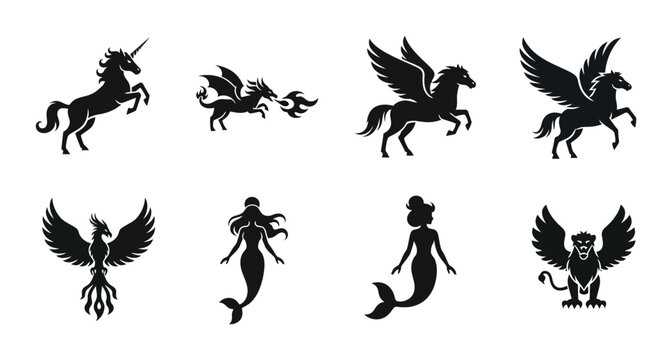 8 Mythical Creature silhouette icons unicorn dragon pegasus mermaid phoenix, solid black style, fantasy set