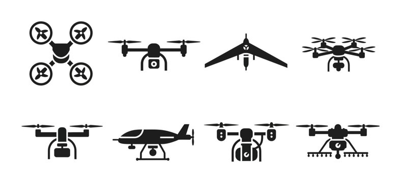 8 Drone silhouette icons quadcopter uav aircraft, solid black style, technology aviation set