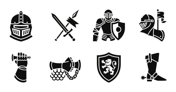 8 Medieval Knight silhouette icons helmet sword shield gauntlet, solid black style, history collection