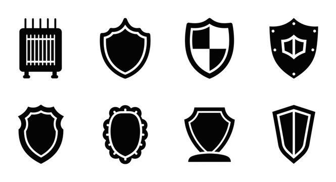 8 Shield silhouette icons security armor shapes, solid black style, protection safety set
